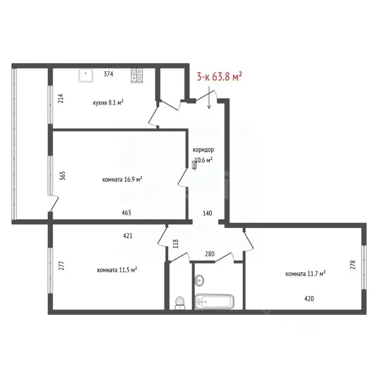 3-к кв. Свердловская область, Екатеринбург ул. 8 Марта, 189к1 (63.8 м) - Фото 2