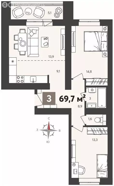 3-комнатная квартира: Пенза, ЖК Новелла, с2 (69.7 м) - Фото 0