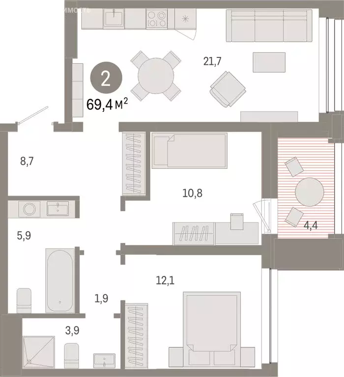 2-комнатная квартира: Тюмень, улица Муравленко, 9/2 (69.39 м) - Фото 1