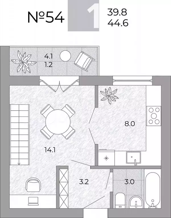 1-к. квартира, 44,6 м, 4/4 эт. - Фото 0