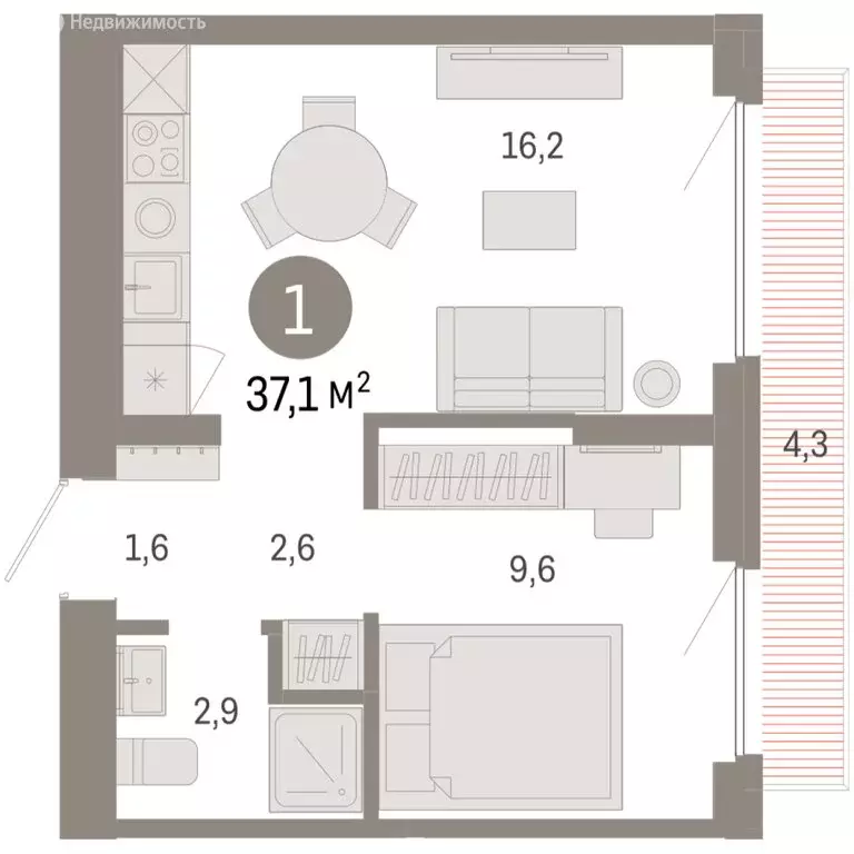 1-комнатная квартира: Новосибирский район, рабочий посёлок Краснообск, ... - Фото 1