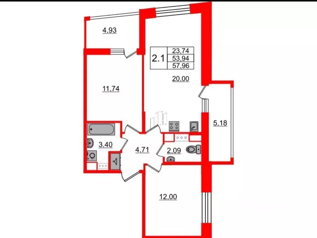 2-к кв. Санкт-Петербург просп. Орлово-Денисовский, 20к1 (53.94 м) - Фото 1