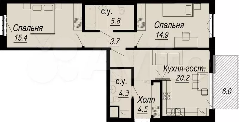 2-к. квартира, 71,8м, 4/8эт. - Фото 0