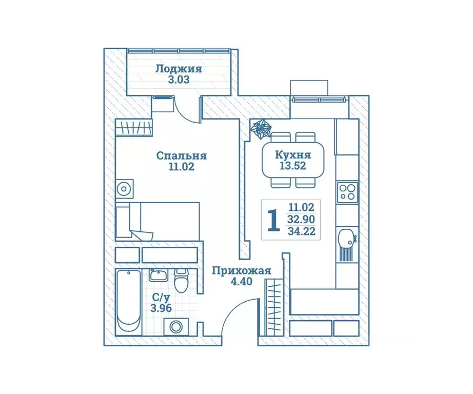 Квартира, 1 комната, 34.42 м - Фото 1