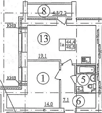 1-к. квартира, 46,6 м, 4/9 эт. - Фото 0