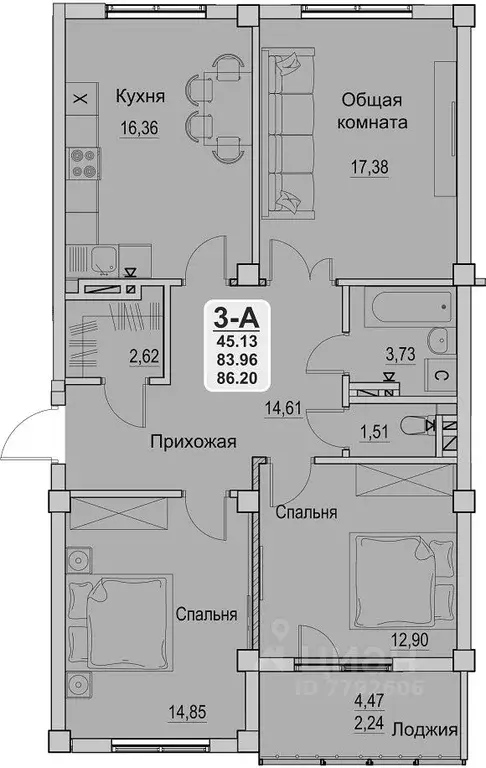 3-к кв. Красноярский край, Красноярск ул. Ладо Кецховели, 20 (85.0 м) - Фото 1