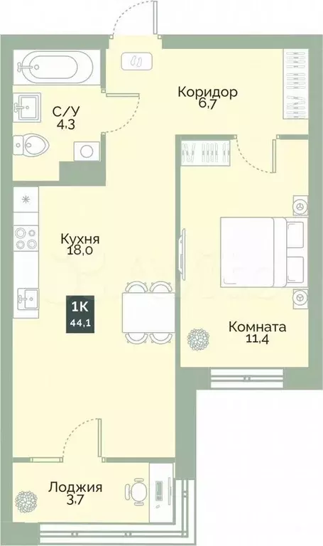 1-к. квартира, 44,1 м, 7/12 эт. - Фото 0