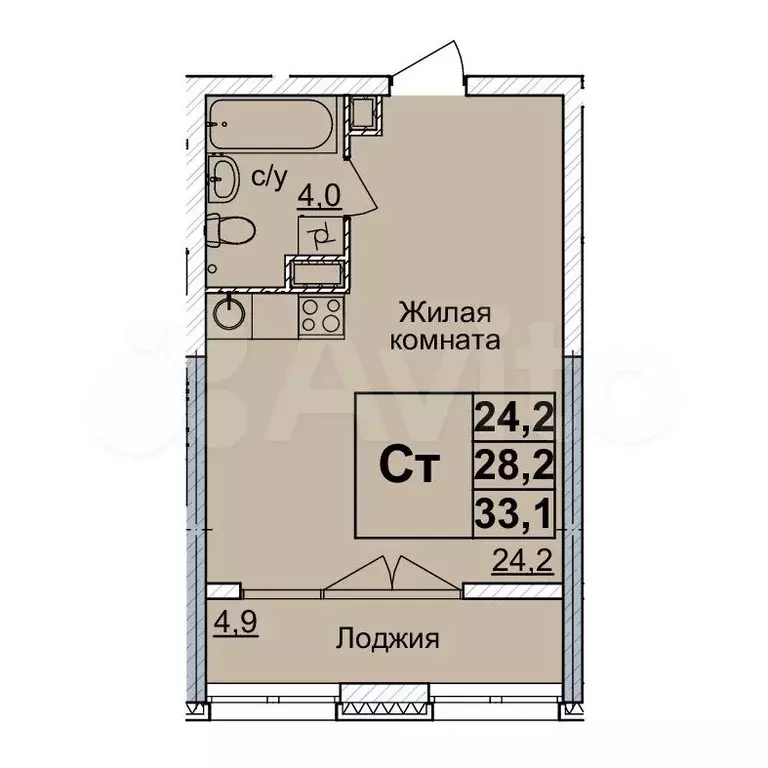 Квартира-студия, 33м, 6/24эт. - Фото 0