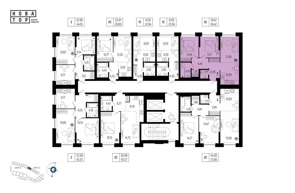 3-комнатная квартира: Уфа, улица Рудольфа Нуреева, 7 (64.42 м) - Фото 2