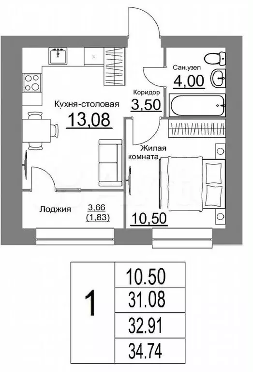 1-к. квартира, 34,7м, 5/9эт. - Фото 0