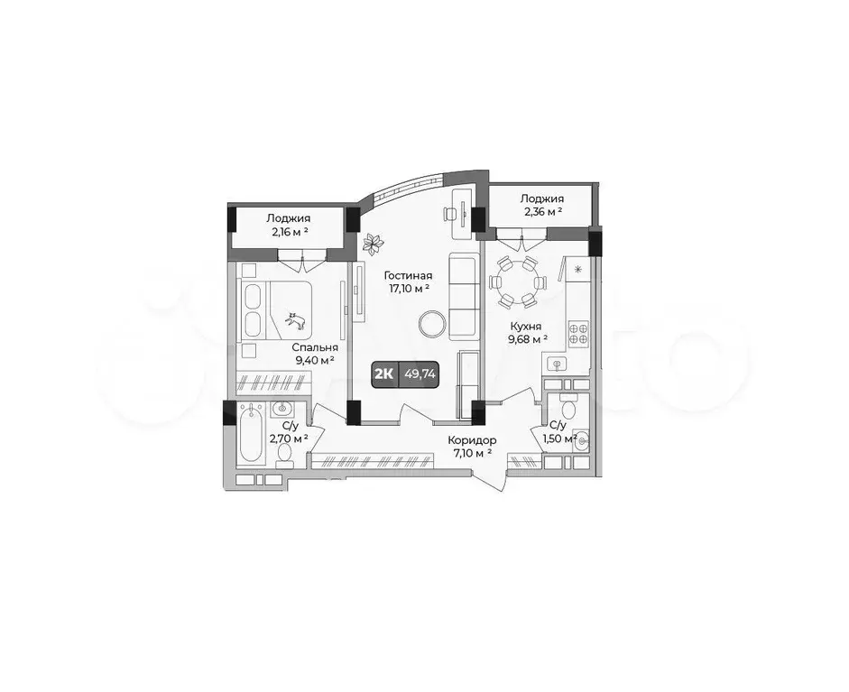 2-к. квартира, 49,7 м, 5/9 эт. - Фото 1