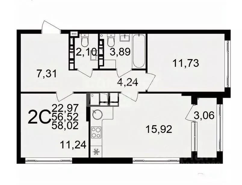 2-к кв. Тульская область, Тула Веневское ш., 49 (58.02 м) - Фото 2