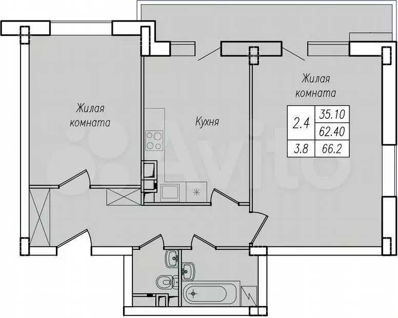 2-к. квартира, 66,2 м, 3/10 эт. - Фото 1