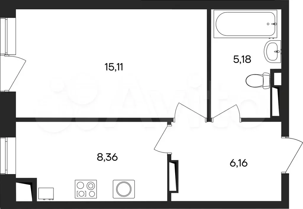 1-к. квартира, 34,8 м, 4/4 эт. - Фото 0