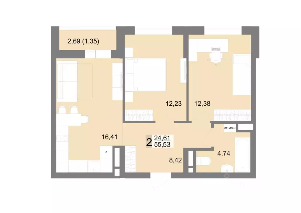 2-к кв. Свердловская область, Екатеринбург ул. Тенистая, 8с5 (55.53 м) - Фото 1
