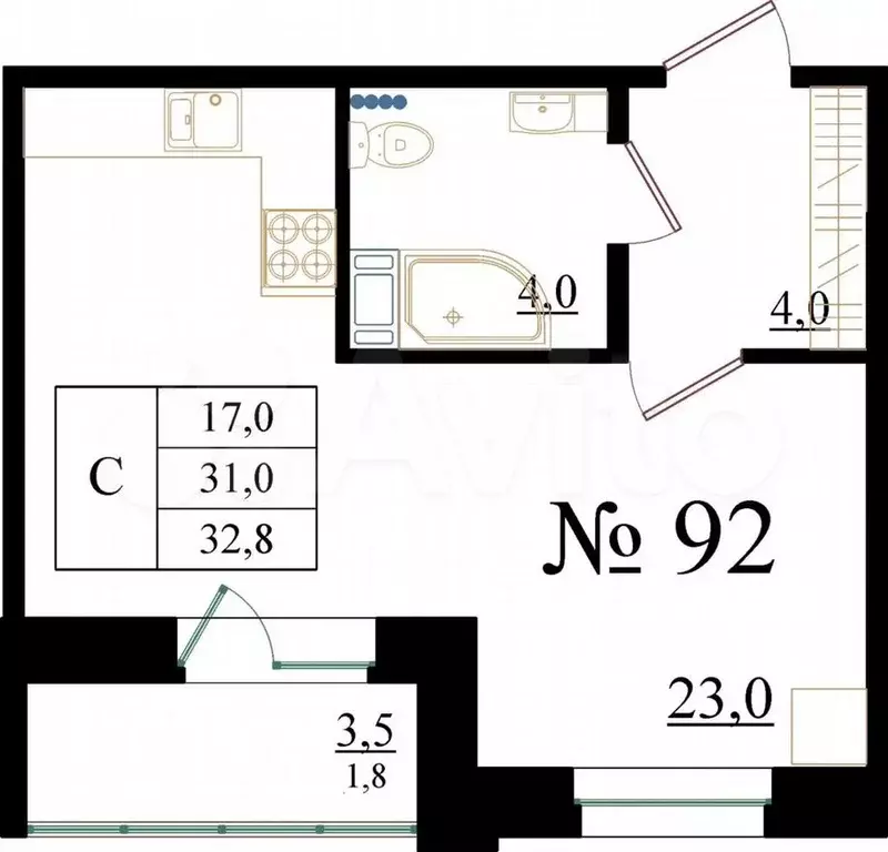 Квартира-студия, 32,8м, 3/8эт. - Фото 0