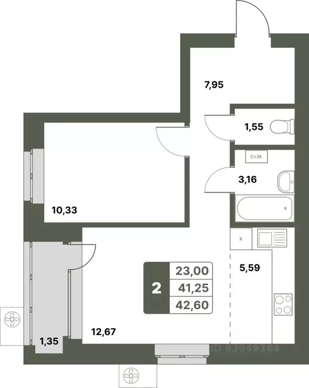 2-к кв. Башкортостан, Уфимский район, с. Миловка  (42.6 м) - Фото 1