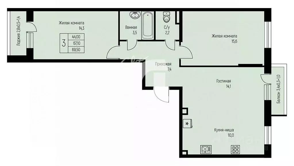 Квартира, 2 комнаты, 70 м - Фото 0