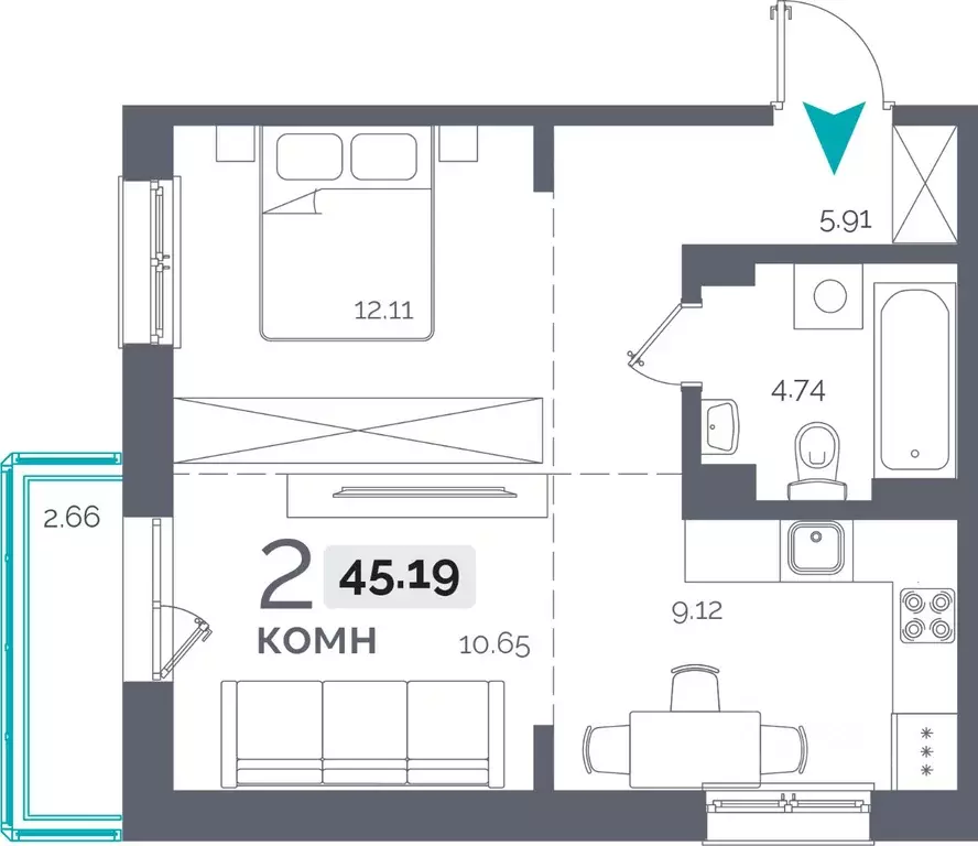 2-к кв. Иркутская область, Иркутск Пулковский пер., 28 (45.19 м) - Фото 0