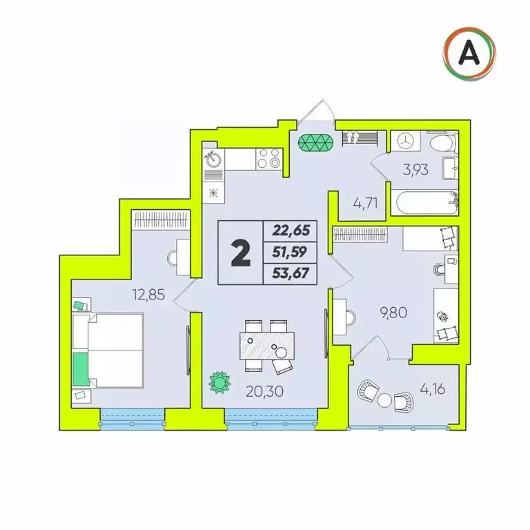 2-к кв. Калужская область, Калуга Зеленый жилой комплекс (53.67 м) - Фото 1