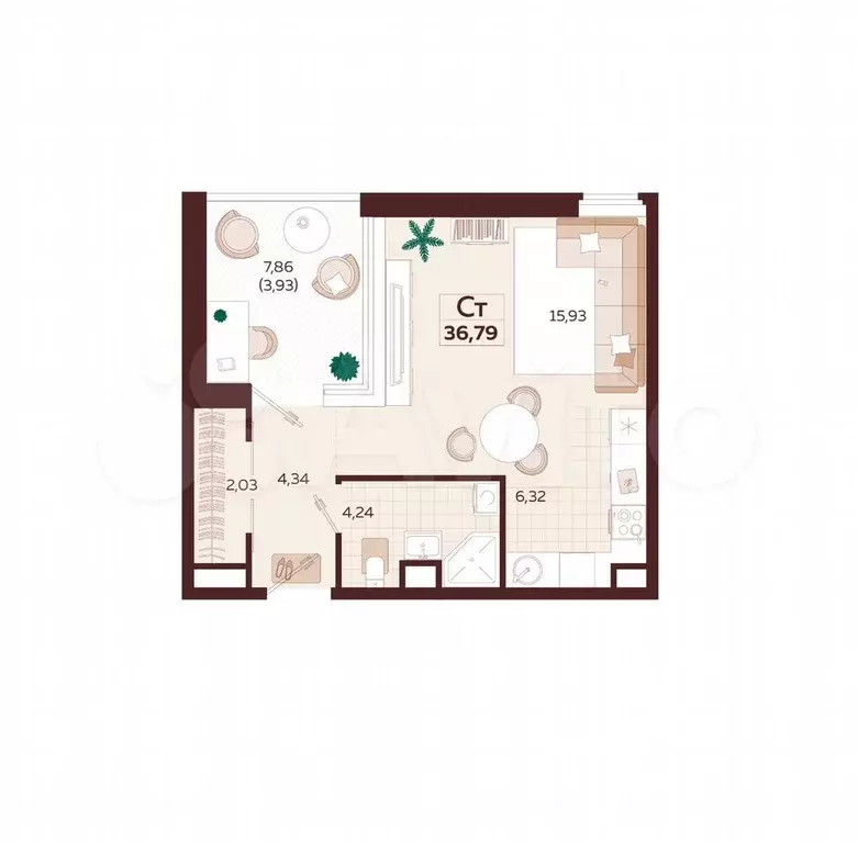 Квартира-студия, 36,8 м, 3/6 эт. - Фото 1
