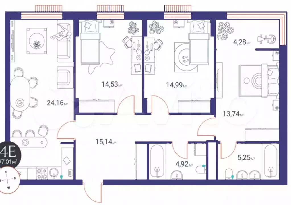 3-к. квартира, 97 м, 3/9 эт. - Фото 1