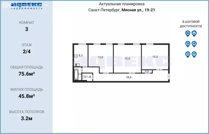 3-комнатная квартира: Санкт-Петербург, Мясная улица, 19-21 (75.6 м) - Фото 1