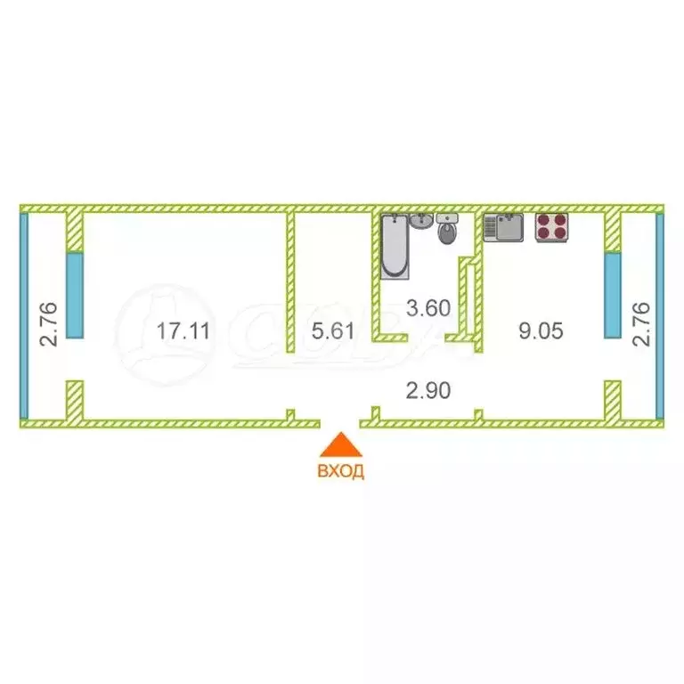 Квартира-студия: Тюмень, Интернациональная улица, 199 (40 м) - Фото 2