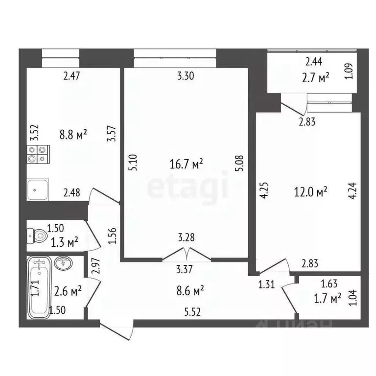 2-к кв. Башкортостан, Стерлитамак ул. Артема, 108 (51.7 м) - Фото 2