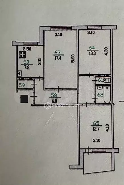 3-к. квартира, 66,9 м, 6/9 эт. - Фото 0