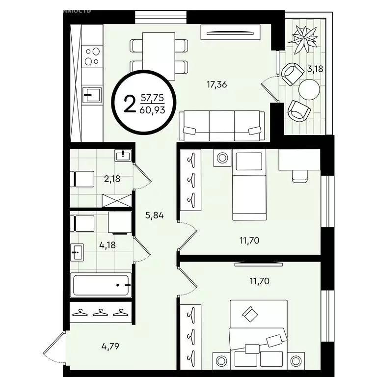 2-комнатная квартира: Тюмень, улица Александра Звягина, 5 (60.93 м) - Фото 0