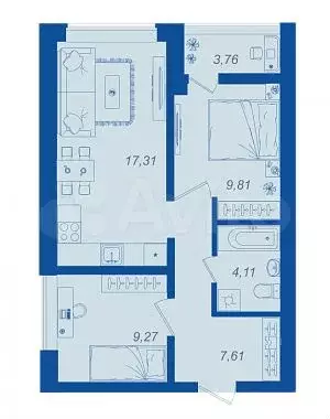 2-к. квартира, 50 м, 1/17 эт. - Фото 1