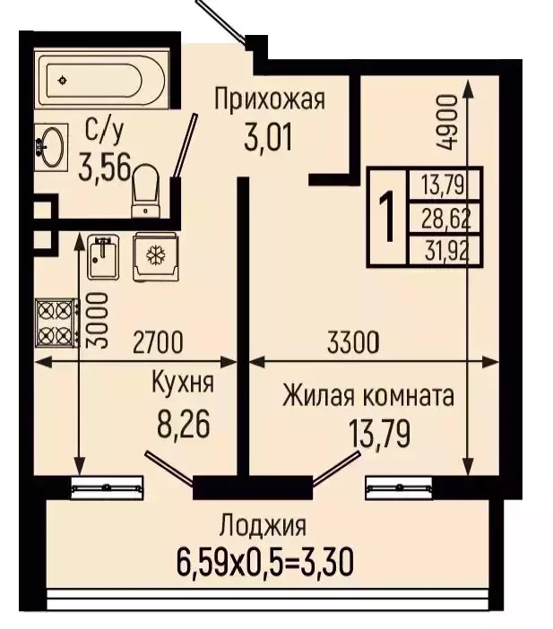 1-комнатная квартира: село Небуг, Центральная улица, 12А/1 (31.92 м) - Фото 1