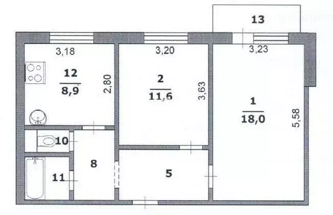 2-комнатная квартира: Белгород, улица Щорса, 10 (52.2 м) - Фото 1