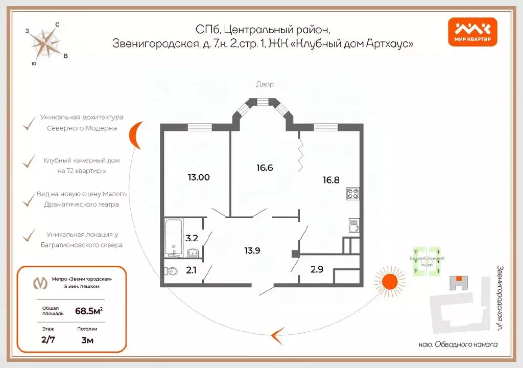 2-к кв. Санкт-Петербург Звенигородская ул., 7к2 (68.5 м) - Фото 1