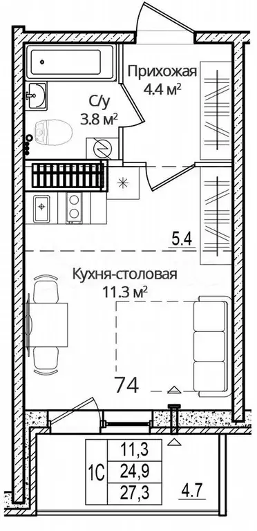 Квартира-студия, 27,3 м, 11/16 эт. - Фото 0