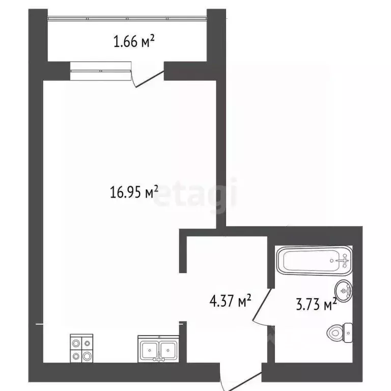 Студия Тюменская область, Тюмень ул. Василия Малкова, 12 (28.6 м) - Фото 2