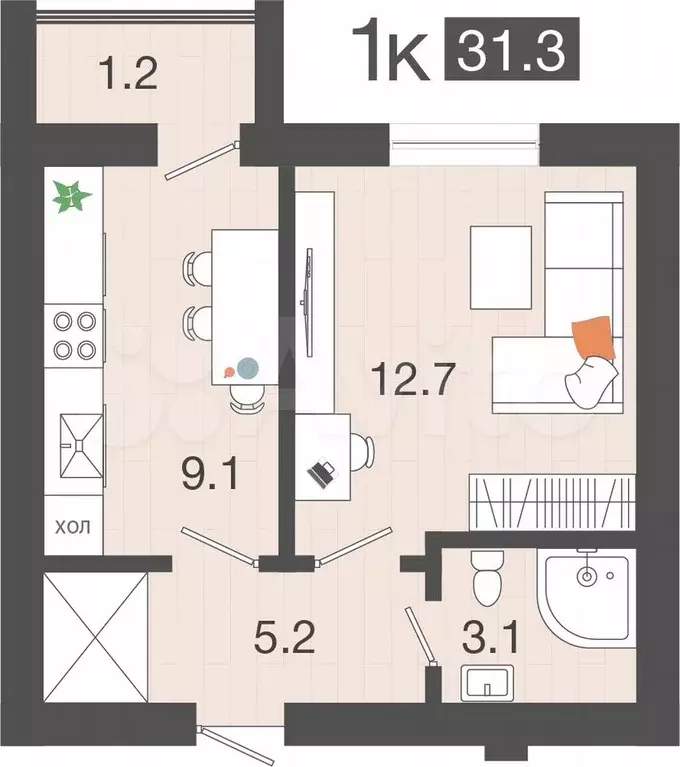 1-к. квартира, 31,3 м, 1/4 эт. - Фото 1