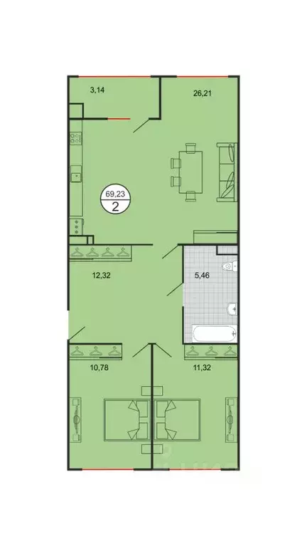 2-к кв. Ставропольский край, Ставрополь № 15 мкр,  (69.23 м) - Фото 1