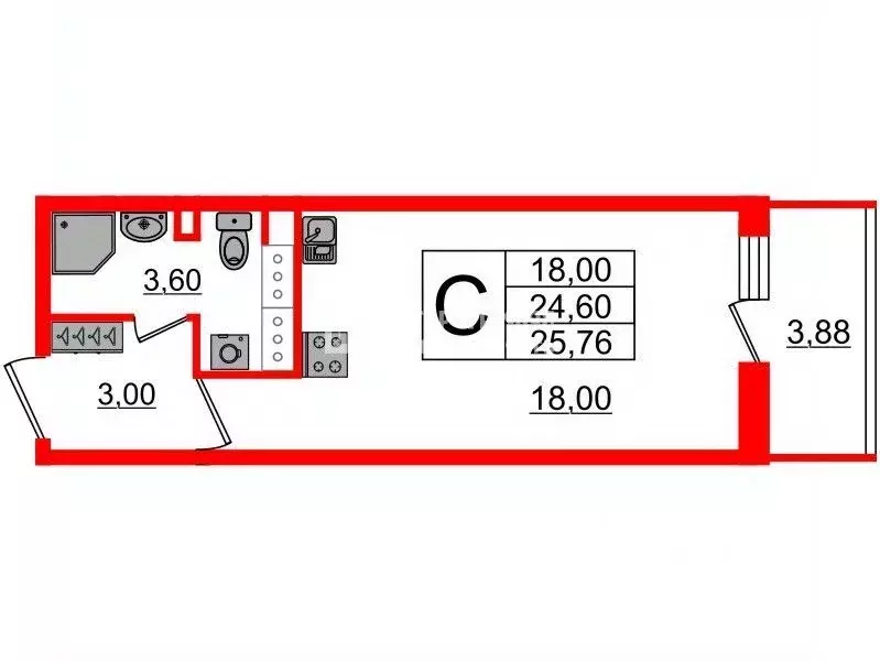 Студия Санкт-Петербург ул. Летчика Лихолетова, 14к2 (25.76 м) - Фото 1