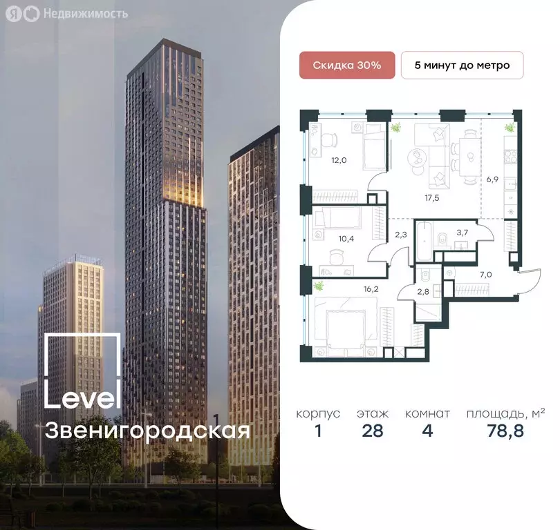4-комнатная квартира: Москва, жилой комплекс Левел Звенигородская, к1 ... - Фото 0
