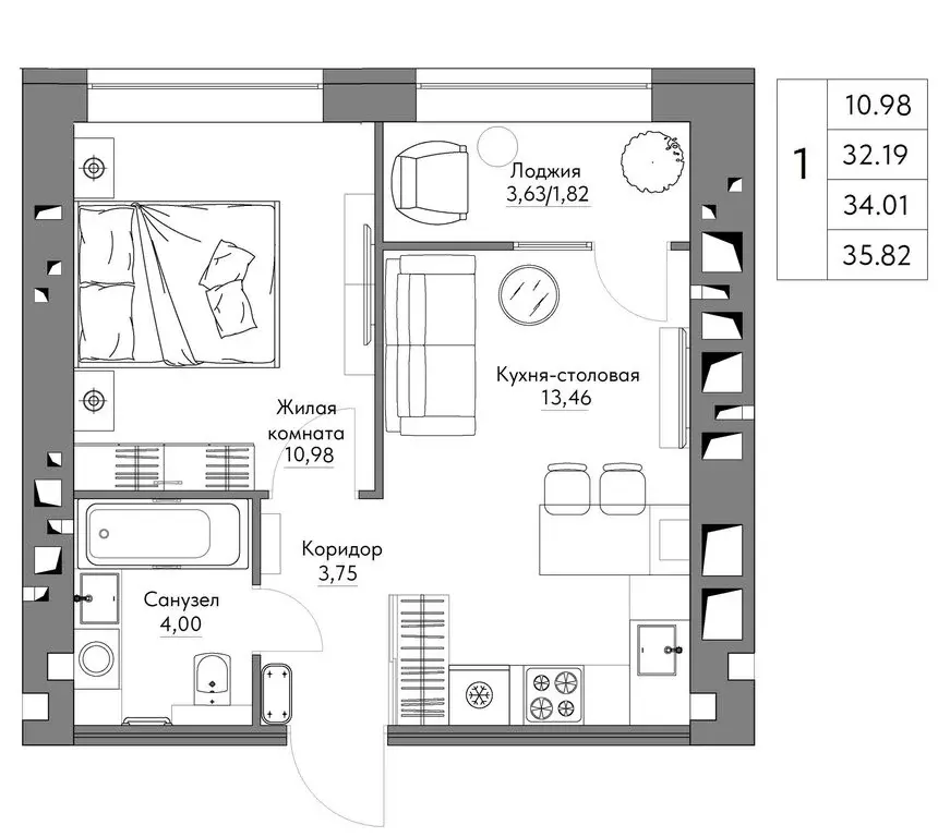 1-комнатная квартира: Калуга, жилые кварталы Острова (35.82 м) - Фото 0