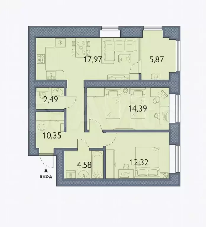 2-к. квартира, 68 м, 1/8 эт. - Фото 1