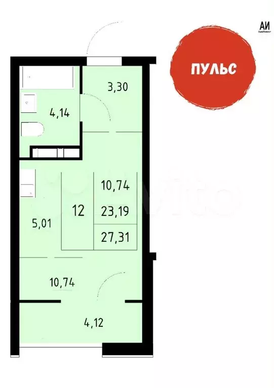 Квартира-студия, 27,3 м, 14/16 эт. - Фото 1