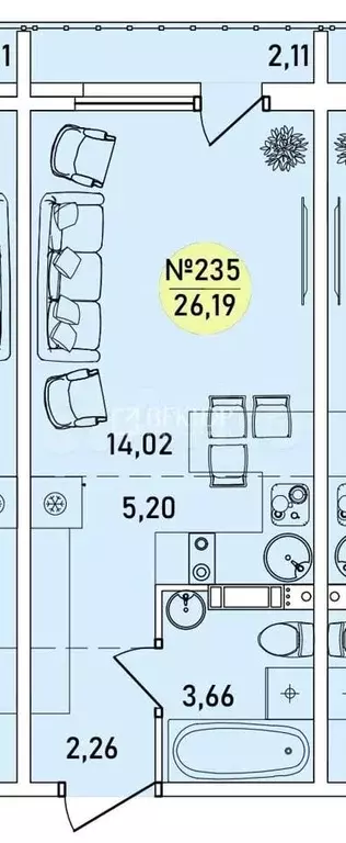 Квартира-студия, 26,2 м, 7/9 эт. - Фото 0