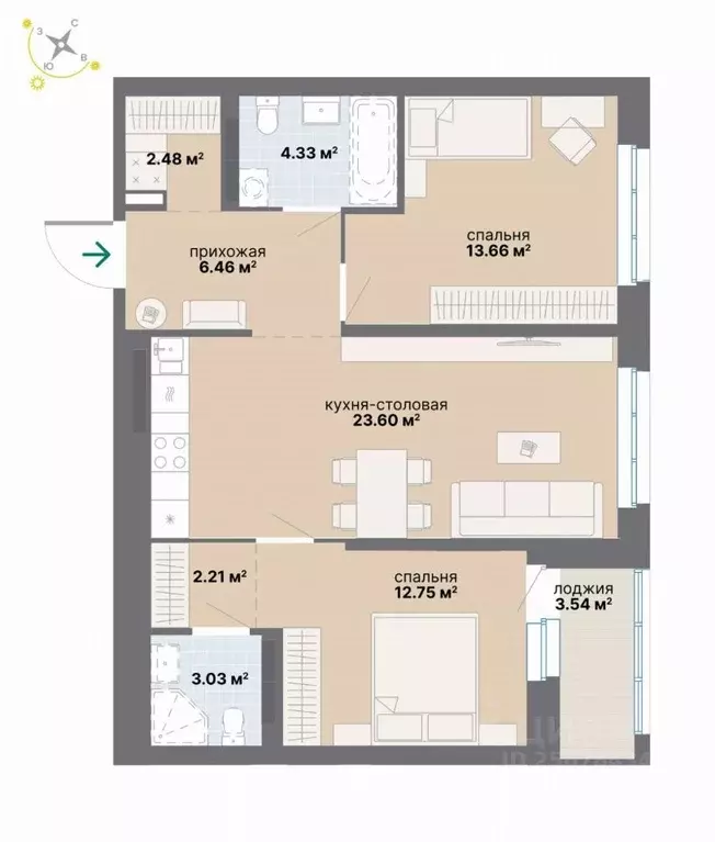 2-к кв. Свердловская область, Екатеринбург Эльмаш жилрайон,  (72.06 м) - Фото 1