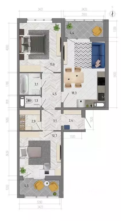 2-к кв. Воронежская область, Воронеж ул. Федора Тютчева, 105 (66.4 м) - Фото 1