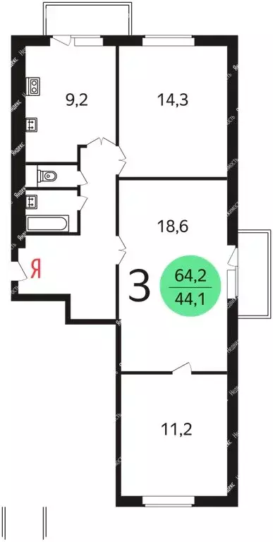 3-комнатная квартира: москва, улица лазо, 14к1 (64 м) - Фото 0