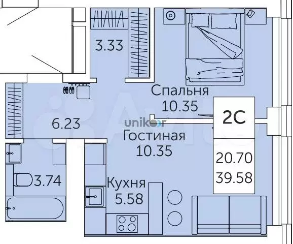 2-к. квартира, 39,6 м, 20/22 эт. - Фото 0