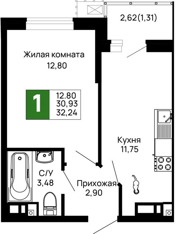 1-к квартира, 32.24 м - Фото 0